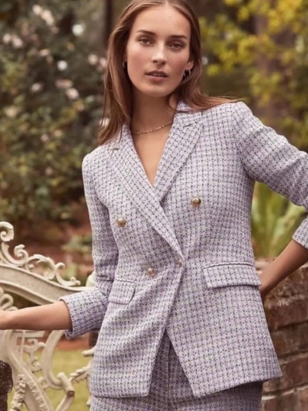 LOFT Light Lilac Double-Breasted Tweed Blazer